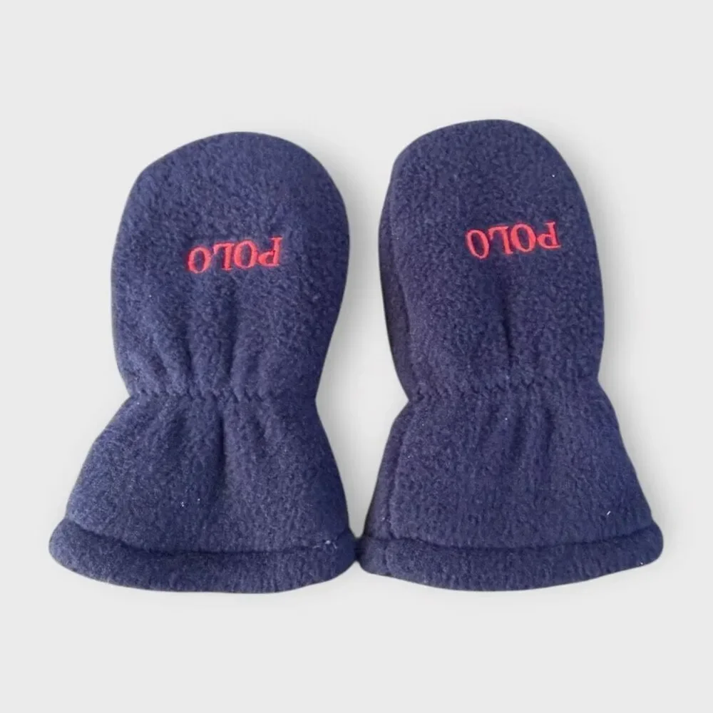 Polo Ralph Lauren Infant Boys Fleece Navy Beanie with Strap and Mittens Set